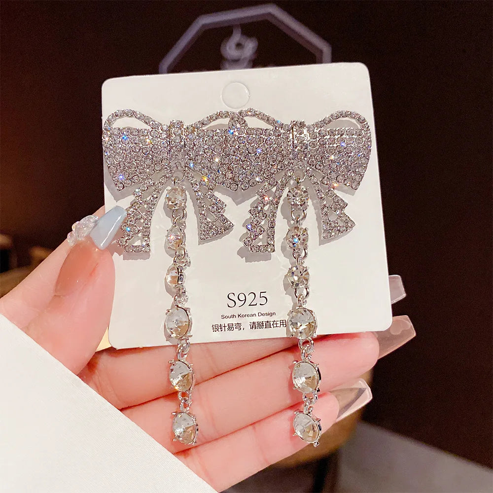 Earrings High-end Light Luxury Diamond Trendy Large Earrings Exquisite Bow Tassel Exaggerated Ear Jewelry for Party