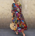 New European and American Women's Large Size Retro Bohemian Waistband Printed Long Dress