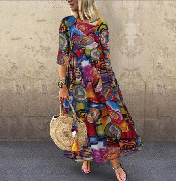 New European and American Women's Large Size Retro Bohemian Waistband Printed Long Dress