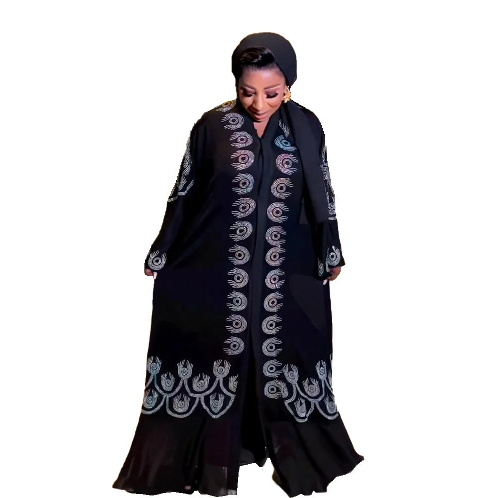 Flash Sale Black Ankara Dress African Custom Abaya Luxury Rhinestones Black Abaya Dubai Long Sleeve Abaya Dubai