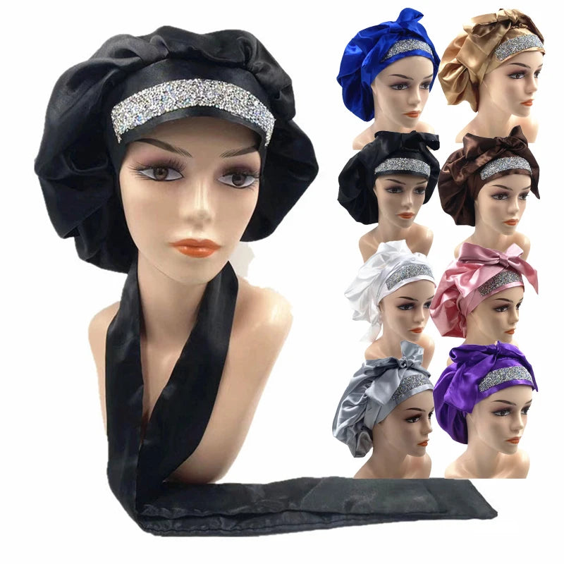 Custom Wide Edge Hair Silk Satin Long Glitter Bling Diamond Rhinestone Bonnets With Diamonds Band Tie Head Hair Wrap