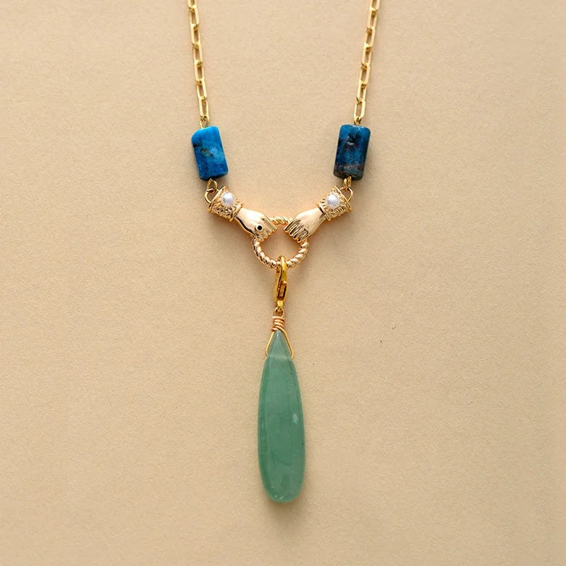 Aventurine Gold Plated Hand Pendant Necklace Healing Crystal Teardrop Quartz with Link Chain for Weddings and Parties