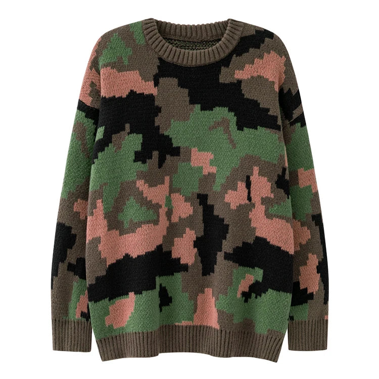 Men Crew Neck Pullover Sweater Long Sleeve Knitted Sweaters Camouflage Style Wool Knitwear