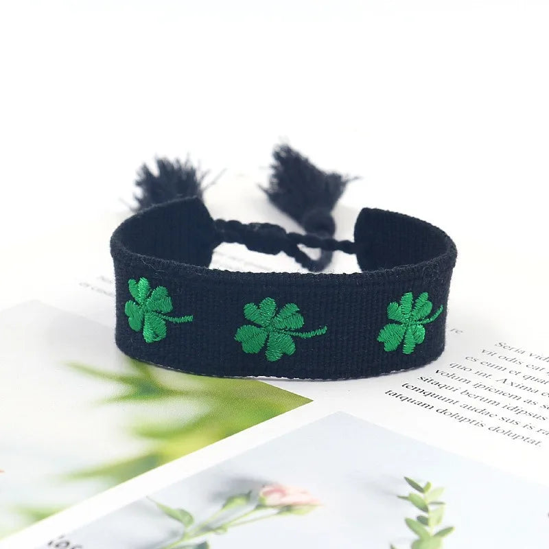 Ethnic Woven Rope Tassel Butterfly Bow Lucky Green Four Leaf Clover Bracelet