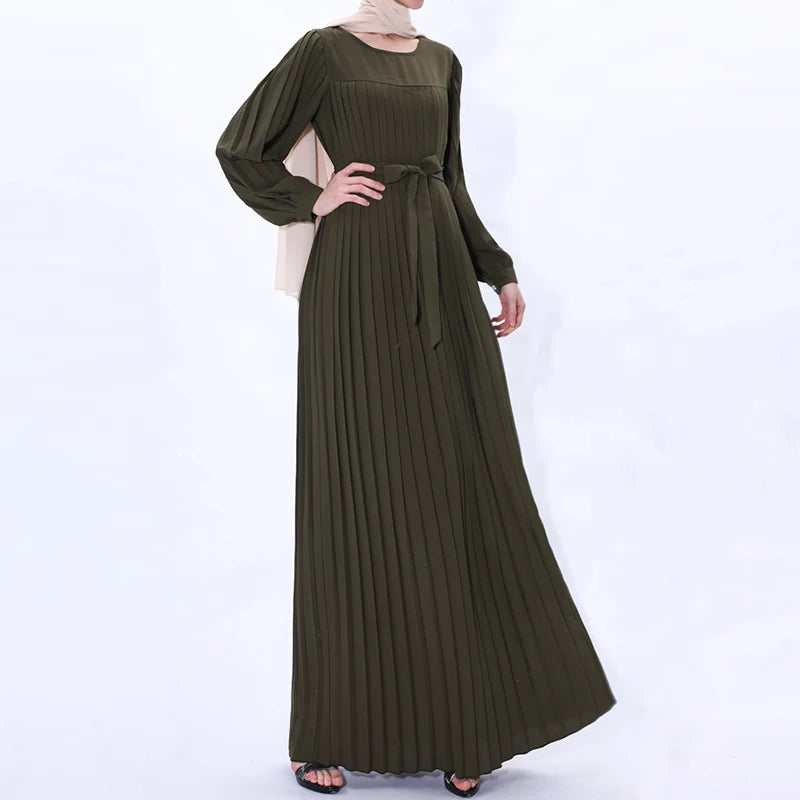 Maxi Dress Islamic Clothing Dubai Modest Pleated Abaya Dress Muslim Ramadan Match Belt Wrinkle Abaya