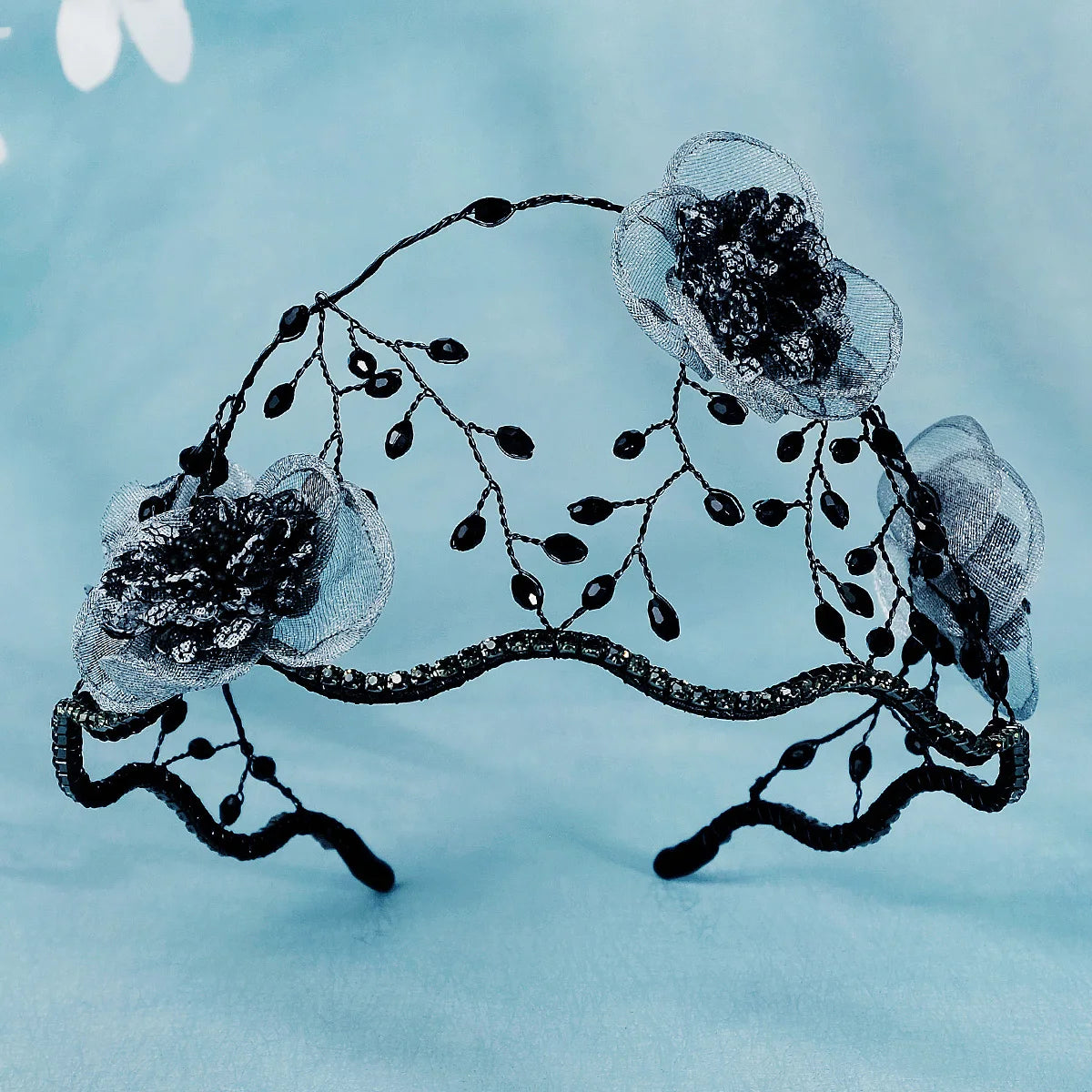 Miallo Handmade Fabric Flower Shiny Crystal Claw Chain Bridal Crown Hair Ornaments Wedding Headwear Mesh Hairband