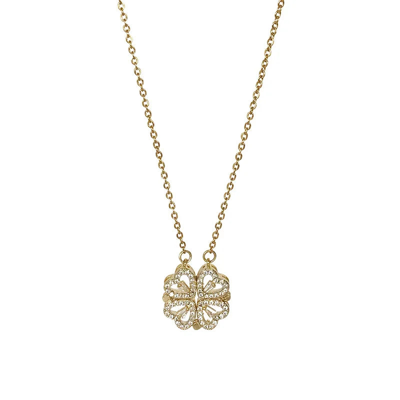 Creative Magnetic Folding Heart-Shaped Four-leaf Clover Pendant Necklace Popular Jewelry Two Ways to Wear Unusual Party Gift
