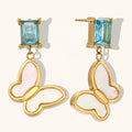 Dingran High Quality Butterfly Shining Square Colorful Zircon Drop Earrings Stainless Steel 18k Gold Plated Jewelry