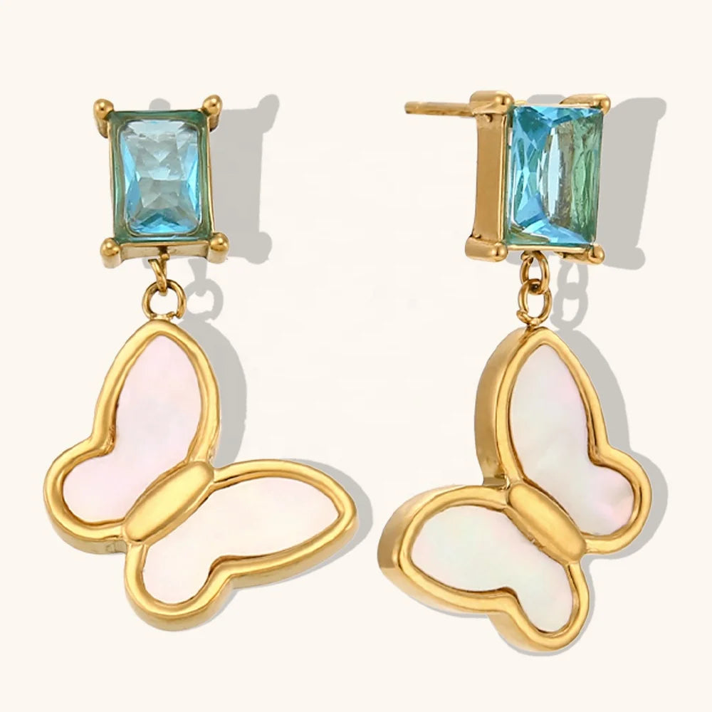 Dingran High Quality Butterfly Shining Square Colorful Zircon Drop Earrings Stainless Steel 18k Gold Plated Jewelry