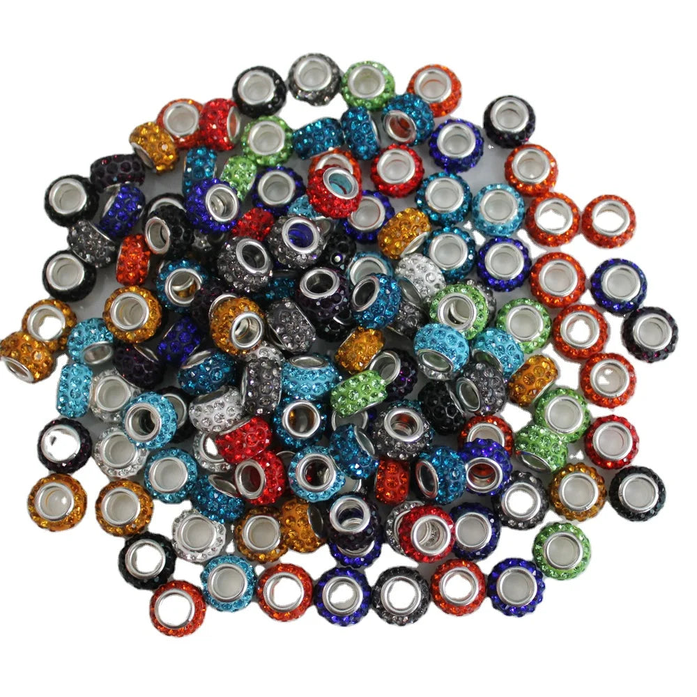 100pcs Big Hole  Spacer Bead 9*11mm Round Beads With Mosaic Rhinestones for DIY Making Charms Bracelets