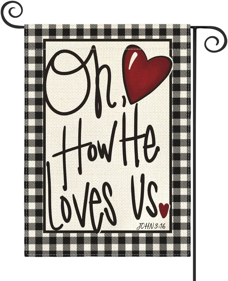 12x18IN Double Side Burlap Oh How He Loves Us Valentine's Day Flag Valentine's Heart Applique Love Card Yard Flag