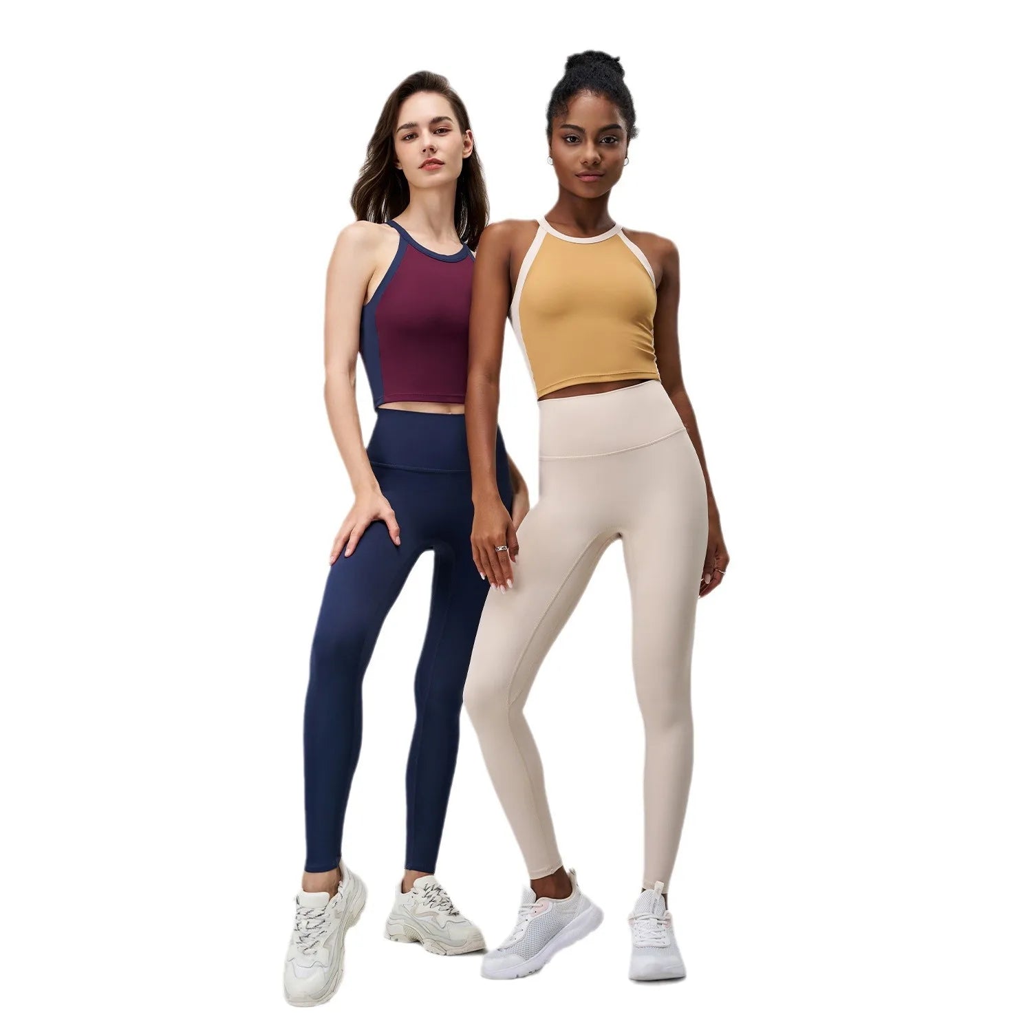Women's Fashion Halter Neck Yoga Fitness 2-Piece Set Spandex/Nylon Four-Way Stretch Breathable Tank Top & Leggings Elastic Waist