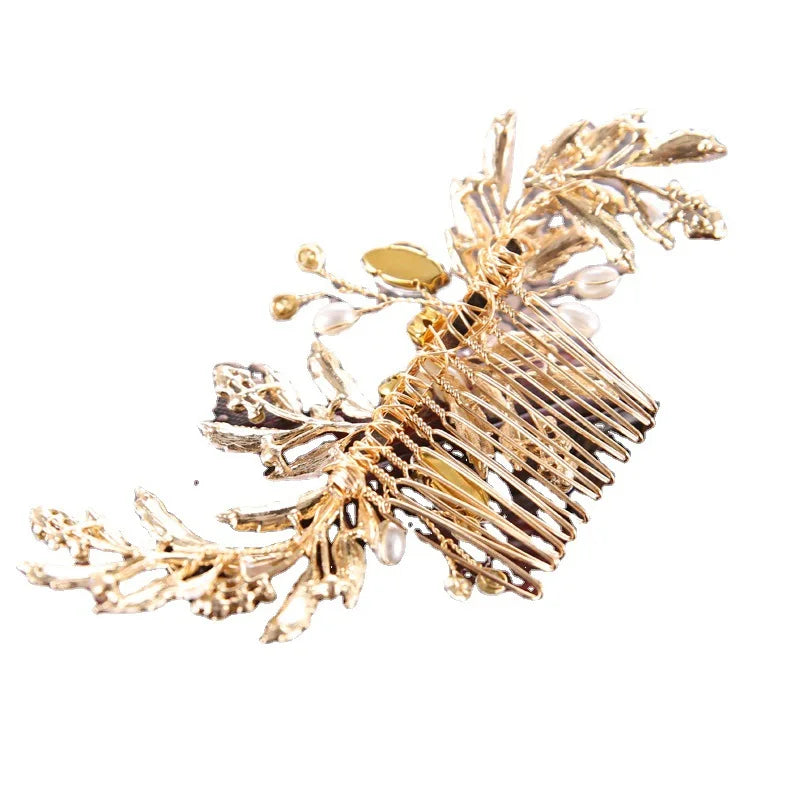 Wedding Gold Rhinestone Pearls Flower and Leaf Hair Comb Bridal Vintage Headpiece Crystal Women Hair Comb Bridal Hair Comb