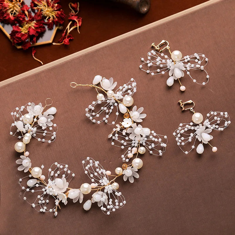 Pretty Girl Pearl Rhinestone Silk Flower Headband Earring Set Hairband Headpiece Birthday Party Head Jewelry Hair Accessories