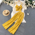 Summer Pleated  Hot Girl Short Top Women's Pleated Wide Leg Chiffon Trousers Seaside Holiday Two-piece Suit