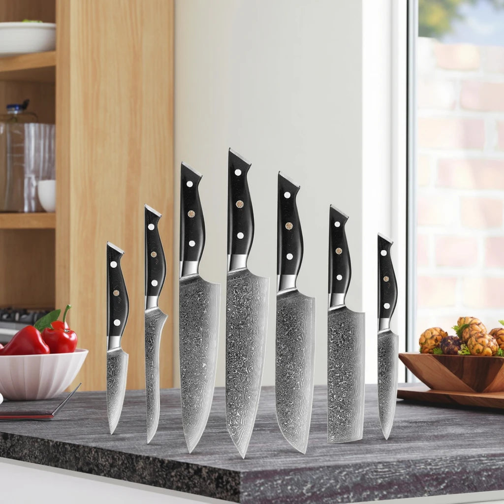 For Yieryi 7-Piece High Carbon Damascus Steel Japanese Kitchen Knife Set with Micarta Handle Sharp Chef Knives
