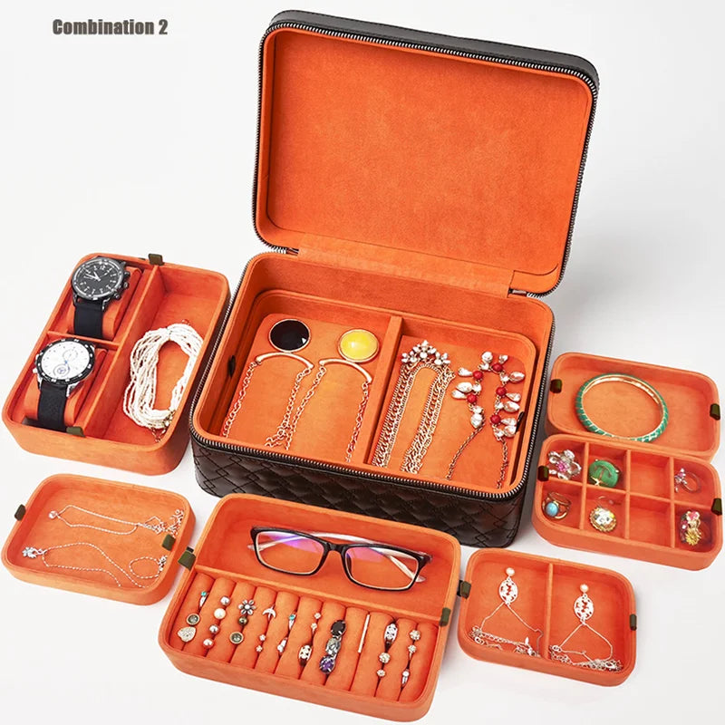 Custom Portable Premium Leather Jewel Jewelry case Travel Drawer Accessory Necklace Bangle Jewelry Boxes Organizer