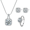 Adjustable Zircon Ring Crystal Diamond Stud Earrings Set Silver Square Zircon Box Chain Necklaces for Women