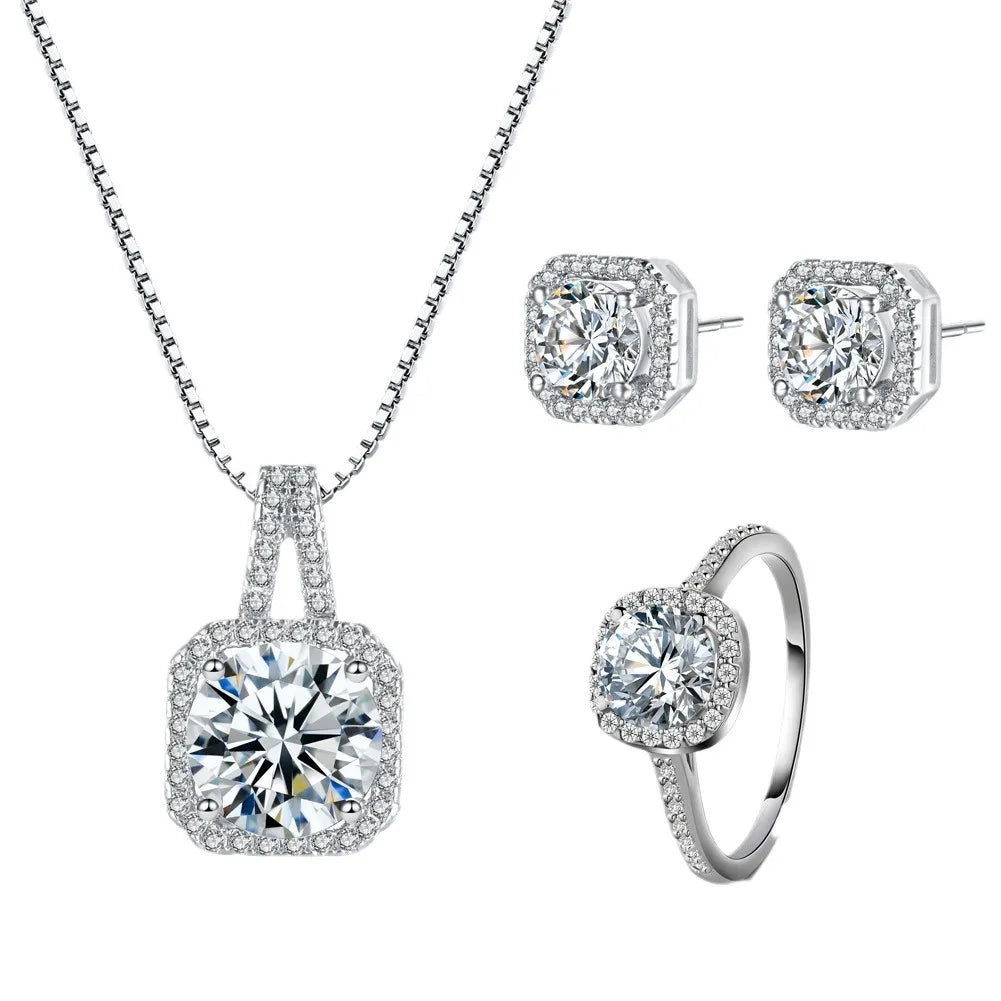 Adjustable Zircon Ring Crystal Diamond Stud Earrings Set Silver Square Zircon Box Chain Necklaces for Women