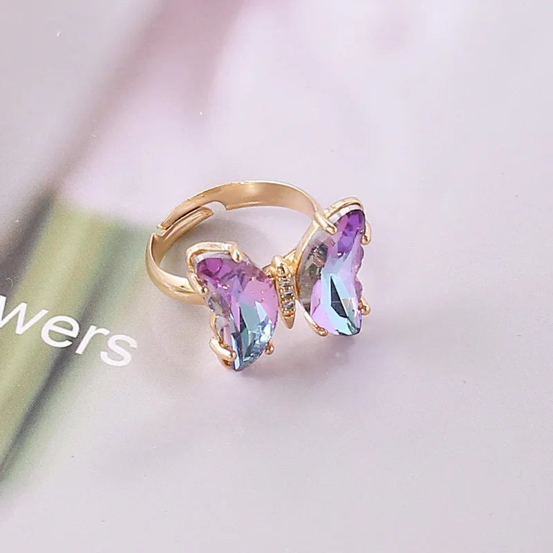Women Trendy Ins Glass Butterflies Rings Fashion Jewelry Cuff Open Adjustable Gradient Butterfly Ring
