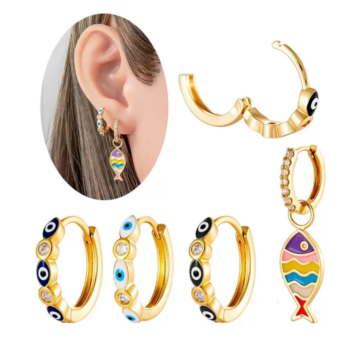 Hengsen Blue Enamel Eyes Shape Earring 18K Gold Plated Jewelry Clicker Hoop Cartilage Helix Tragus Piercing Women Fashion Dangle