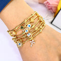 BA1063 18K Gold Plated Brass Beaded Bracelet Cuff Bangle with CZ Micro Pave Cross Evil Eyes Dangle Charms