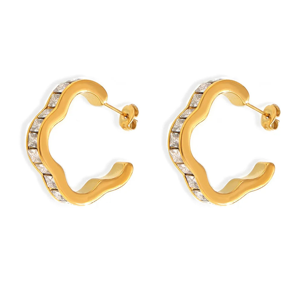 Fashion Waterproof Stainless Steel Flower Shape Earrings 18k Gold Plated Geometric Zircon Jewelry