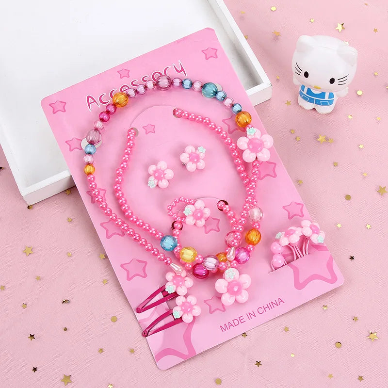ZQ-105 Hair Clip Rubber Bands Bracelet Ring Earrings and Necklace Cute Acrylic Flower Children Jewelry Kit
