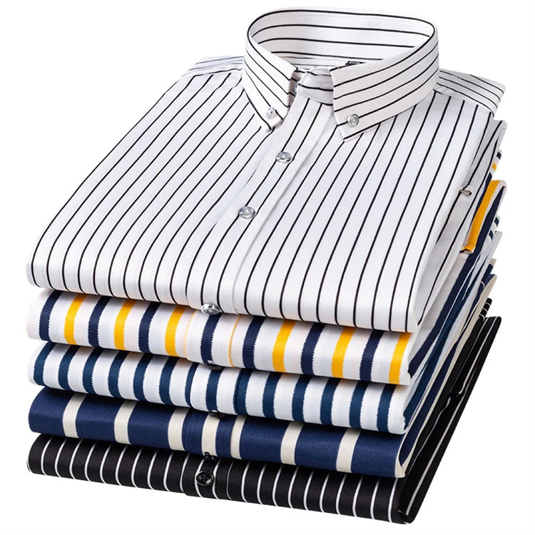 Korean Version Slim Elastic Men's Shirt Free Ironing Striped Inch Shirt Easy to Take Care of Outdoor Leisure Men's Long Sleeve