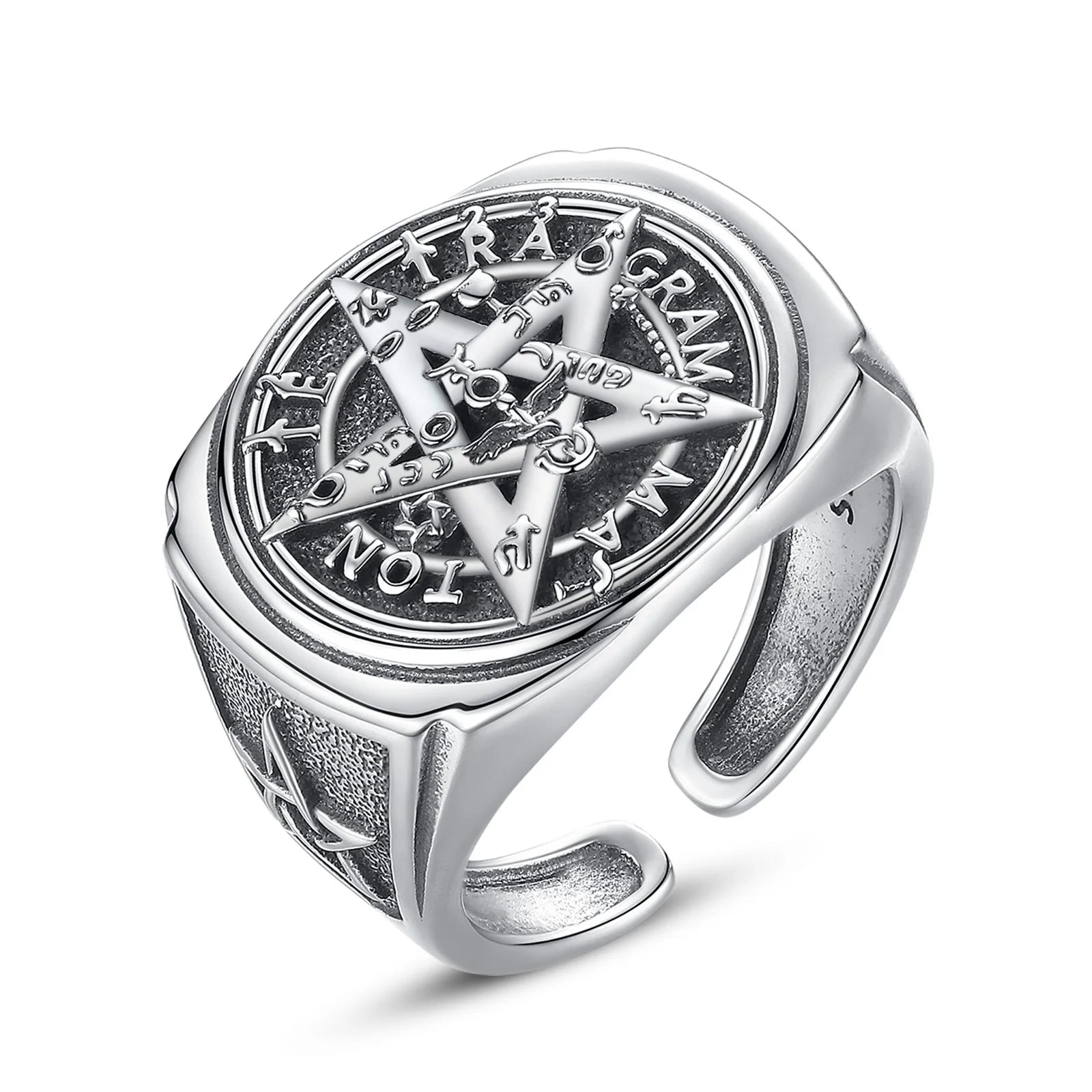 Fine Jewelry 925 Sterling Silver Vintage Viking Tetragramaton Pentagram Open Rings for Men