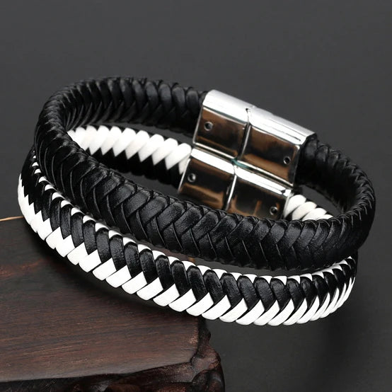 Hot Selling European New Men's Leather Braided Black and White Bracelet Pu Men Business Bracelet for Fathers Gift