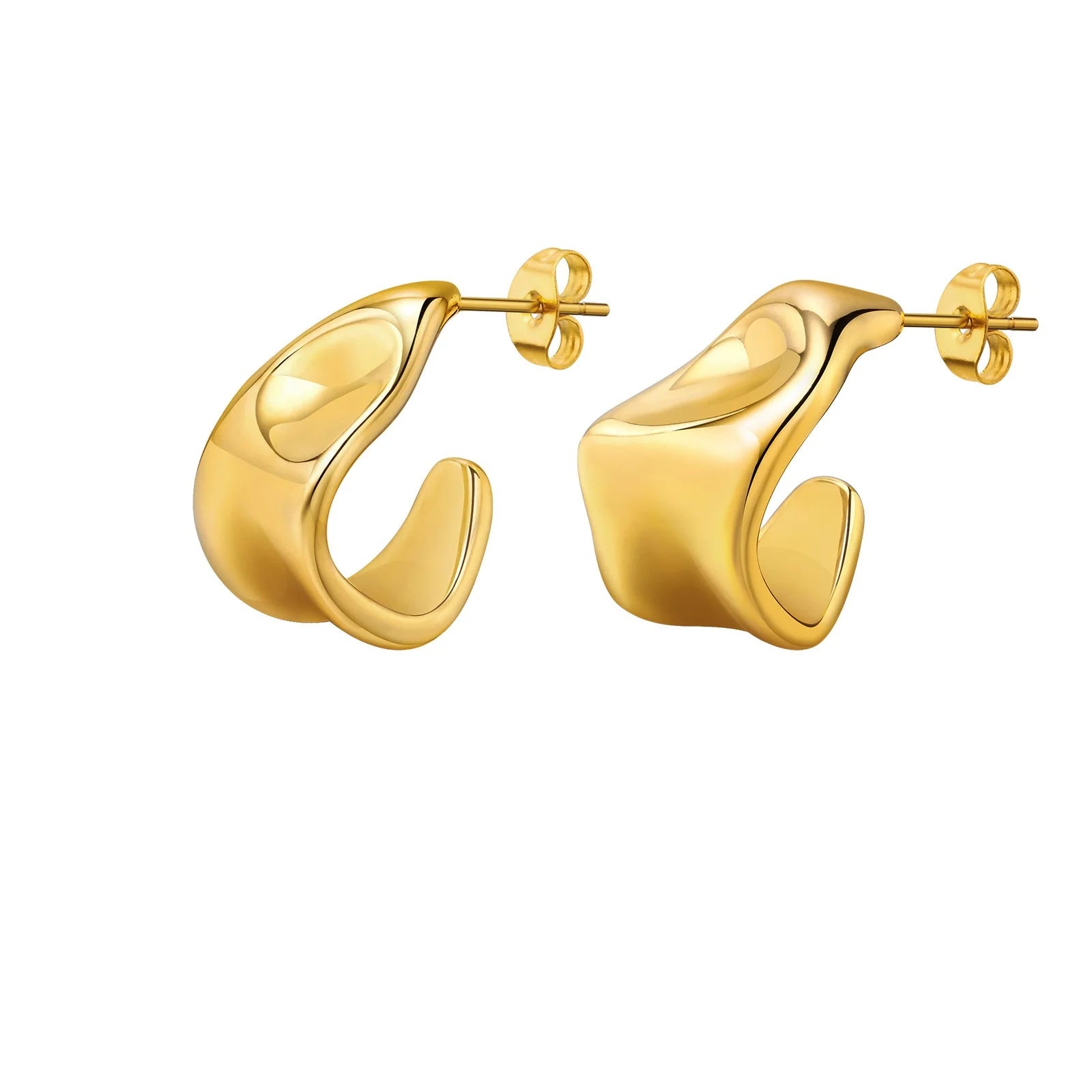 Minos Fashion Hammered Earrings Stainless Steel Gold and Silver CC Earrings Hypoallergenic Simple Chunky Stud Earrings