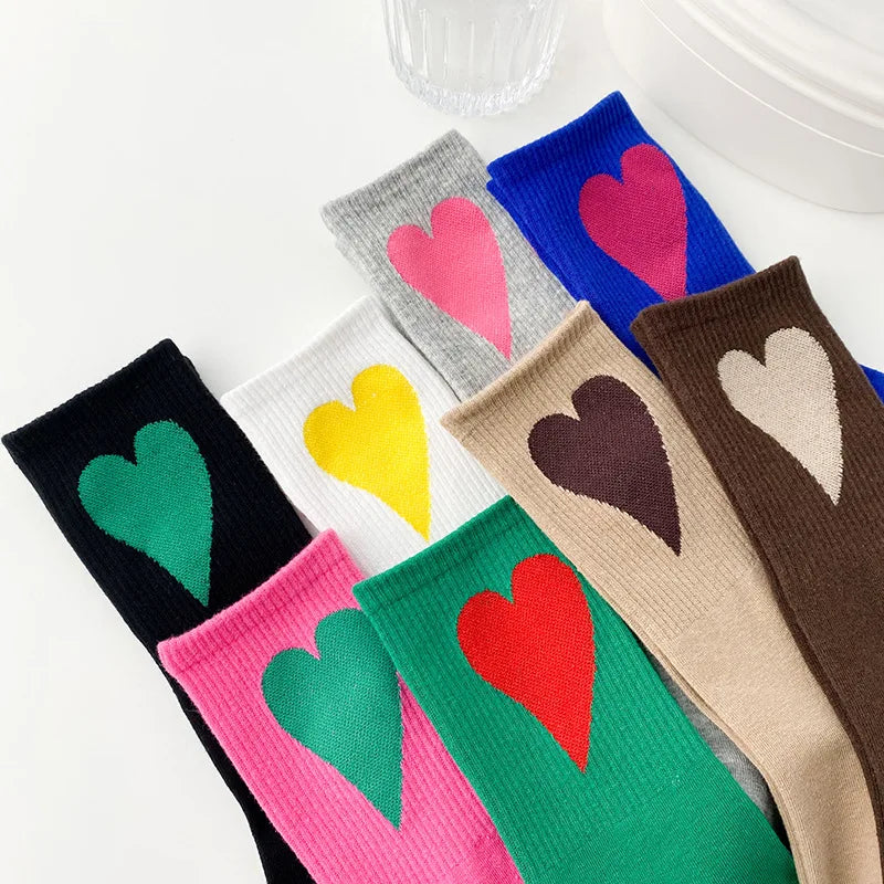 Autumn Bright Color Big Heart Knitted Crew Cotton Socks for Lady