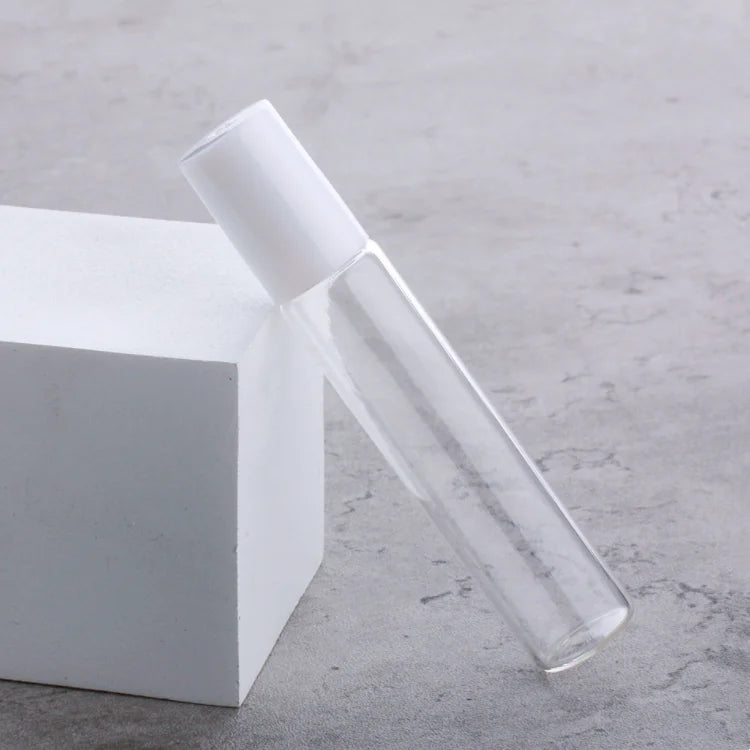 Wholesale Small Thin Tall Travel Storage Container 10ml 1/3oz White Plastic Lid Essential Oil Glass Roller Cosmetic Packaging