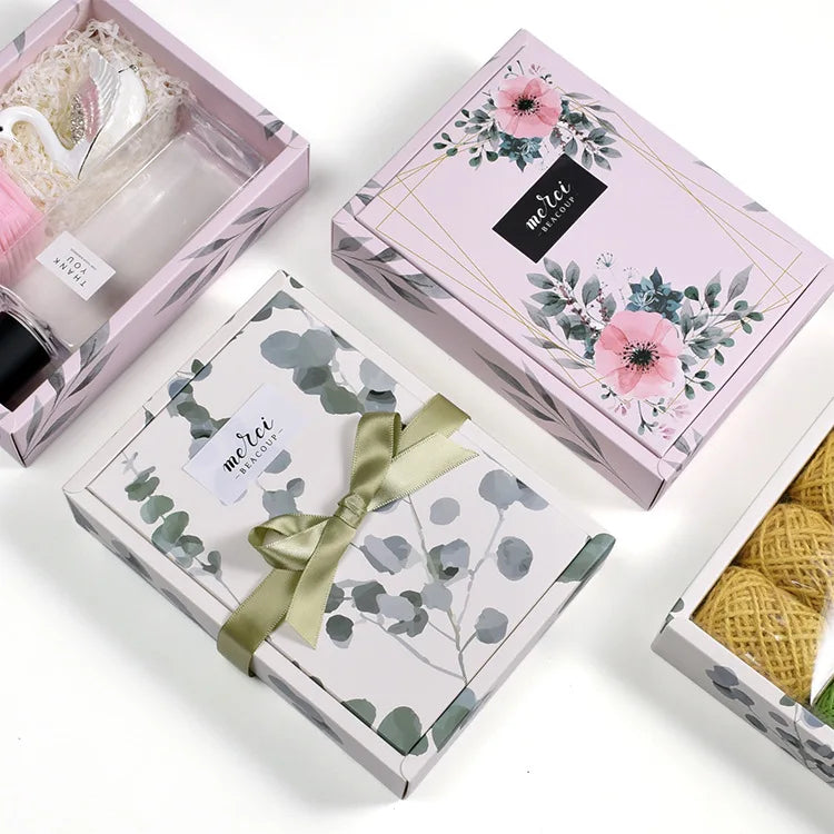 Customized Flower Printed Gift Paper Box Towel Clothes Silk Scarf Socks Handmade Soap Shopping Packaging Box for Small Business