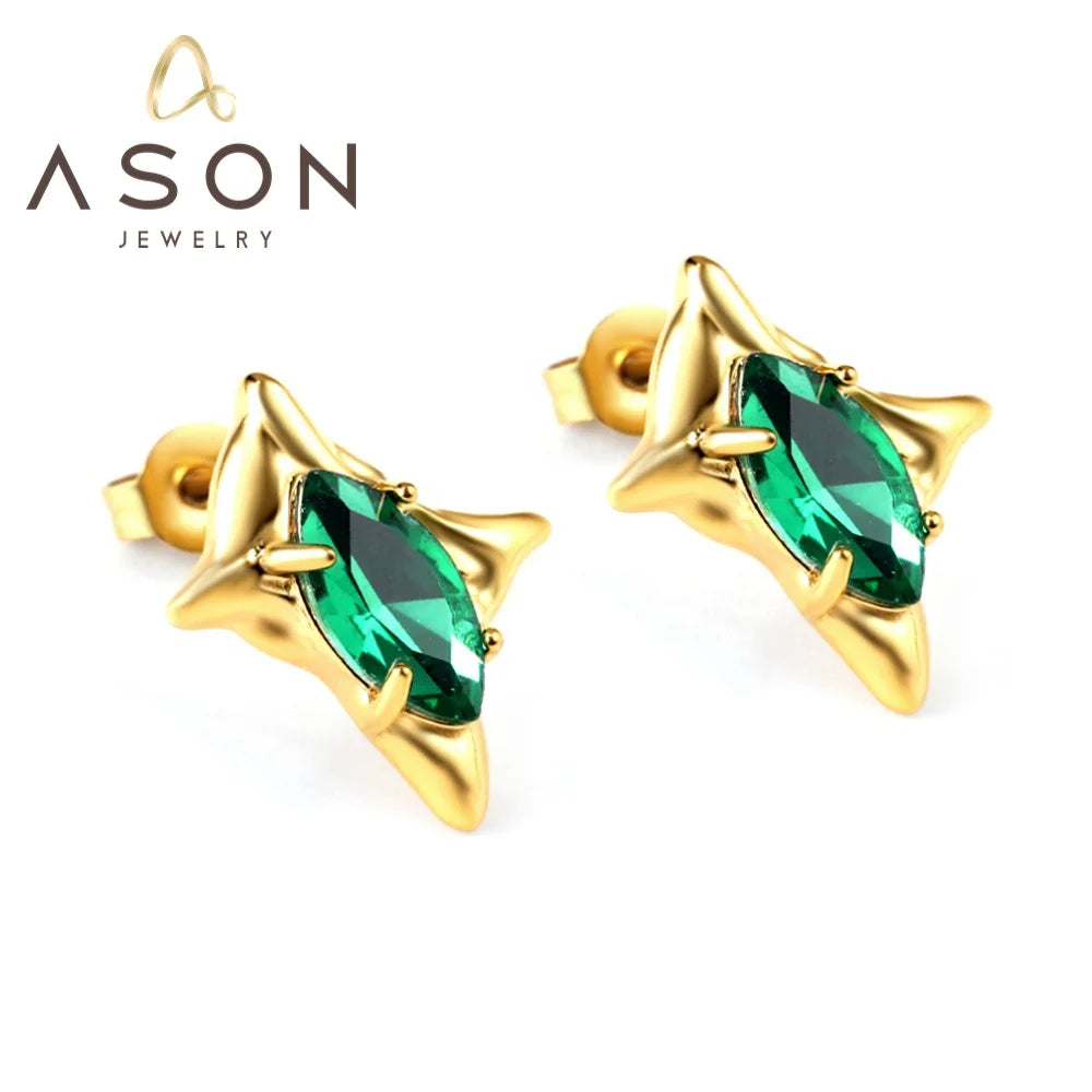 Ason Jewelry New Fashion Stainless Steel Stud Earrings 18k Gold-plated Green Diamond Four-pointed Star Stud Earrings