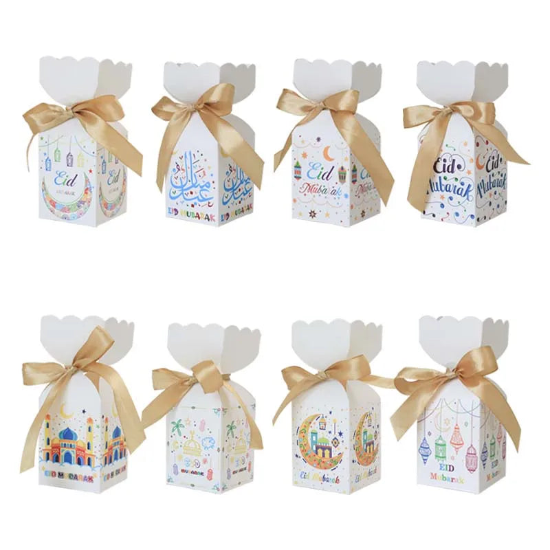 8 Designs Mixed Eid Mubarak Ramadan Candy Goodie  Gift Box With Ribbon Vase Shape Chocolate Box for Eid Party Decorations