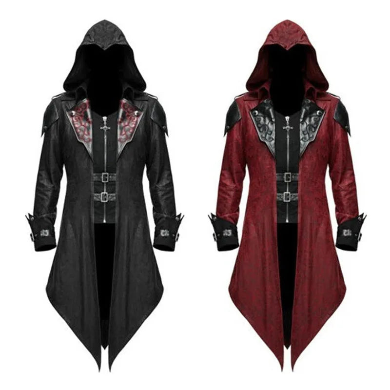 Drop Ship Mens Trench Coat Leather Hooded Medieval Gothic Renaissance Retro Punk Long Sleeve Jackets