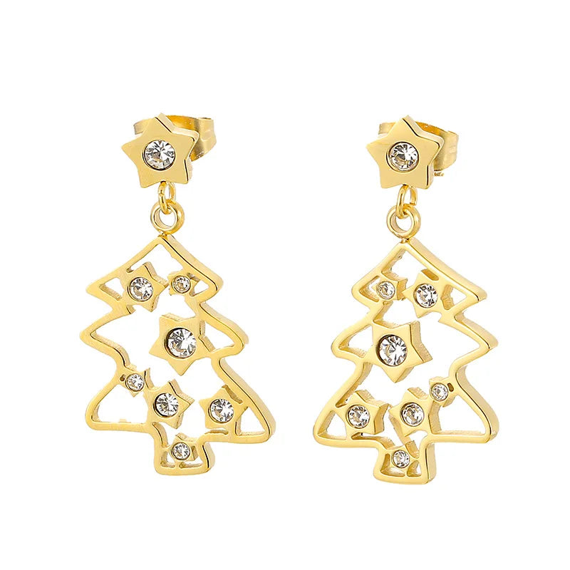 Trendy Stainless Steel Christmas Jewelry Gold Plated Hollow Out Christmas Tree Star Rhinestone Dangle Earrings