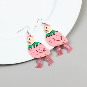 Cute Animal Accessories Custom Print Pink Hen Strawberry Glitter Boots Heels Casual Fashion Jewelry Acrylic Drop Earrings Women
