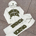 OEM Custom Oversized French Terry Sun Faded Distressed Zip up Embroidered Patch Acid Wash Stacked Sweatpants Hoodie 2 Pieces Set