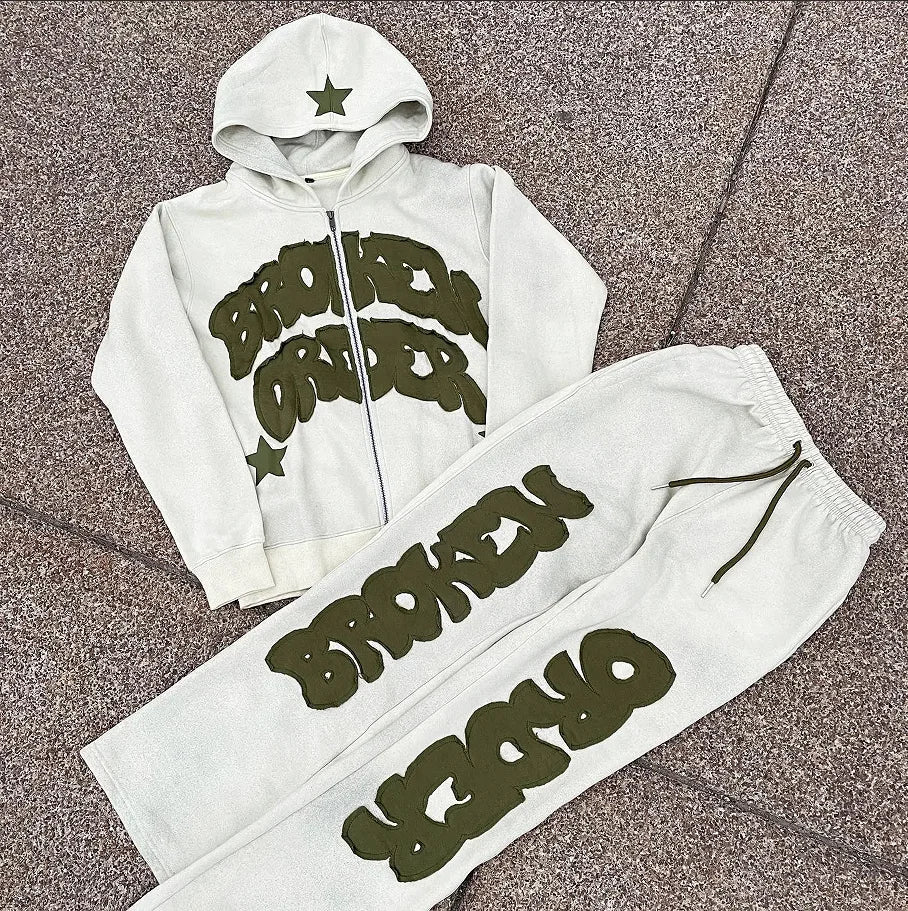 OEM Custom Oversized French Terry Sun Faded Distressed Zip up Embroidered Patch Acid Wash Stacked Sweatpants Hoodie 2 Pieces Set