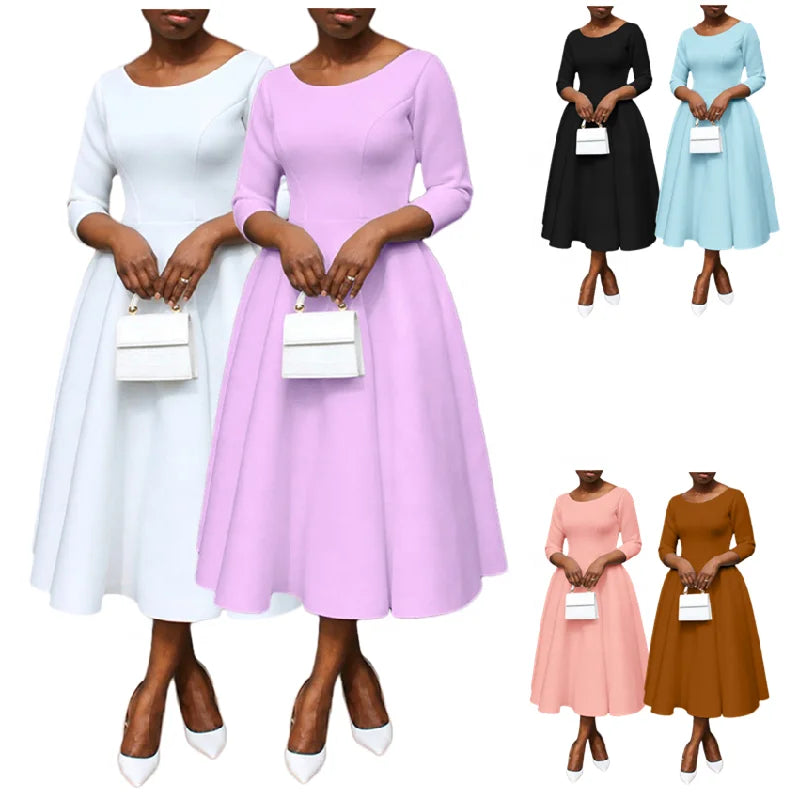 BN281 Best-Selling Elegant Dresses Women Casual Solid Color Round Neck Three Quarter Sleeve A-Line Church Dresses With Pocket
