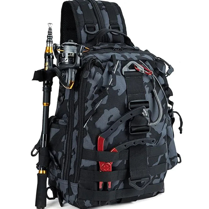 Best Cool Black Camo Small Travel Tactical Canvas Fly Fishing Tackle Gear Crossbody Shoulder Sling Bag for Poles Rod Carry
