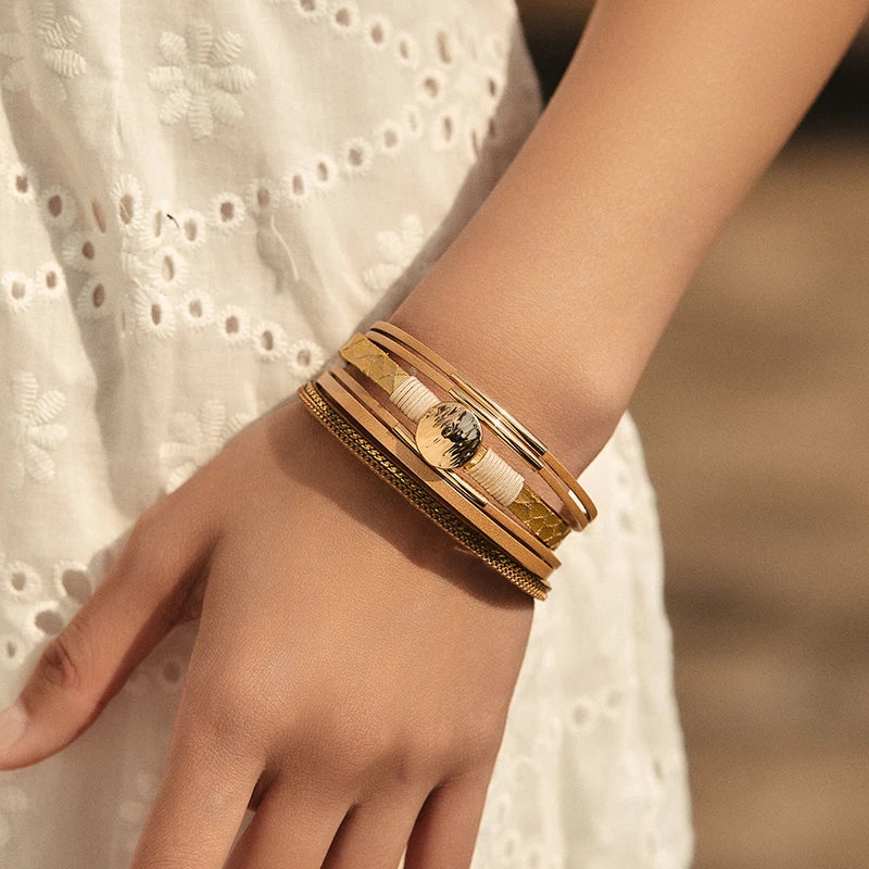 2025 New ORNAPEADIA Bohemian Style Alloy Handmade Multi-layer Leather Magnetic Buckle Crystal Rhinestone Women's Wrap Bracelet
