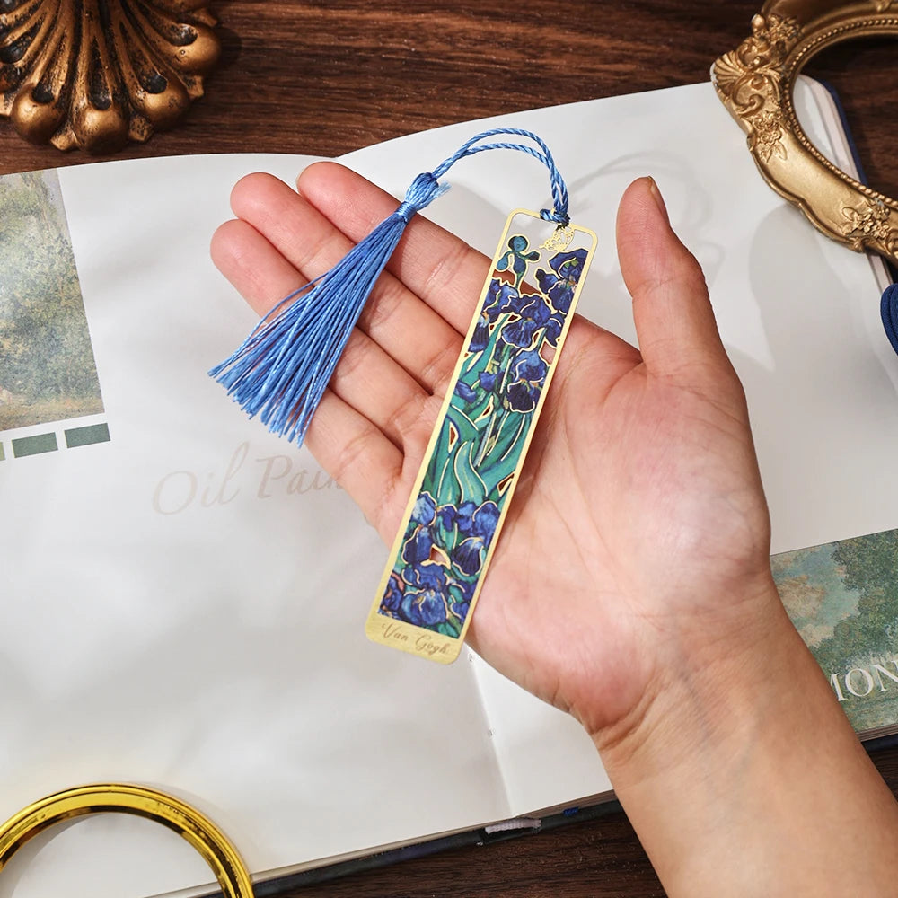 IMODA Stationery 1pc Iris Flower Bookmark Hollow Painting Metal Book Mark With Tassel Gifts for Book Lovers Readers Writers