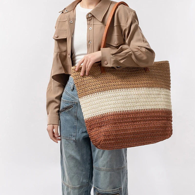 Customizable New Arrival Summer Canvas Straw Bag 2025 Flag Colors Large Capacity Tote Bag Fashion Ladies Straw Beach Bags