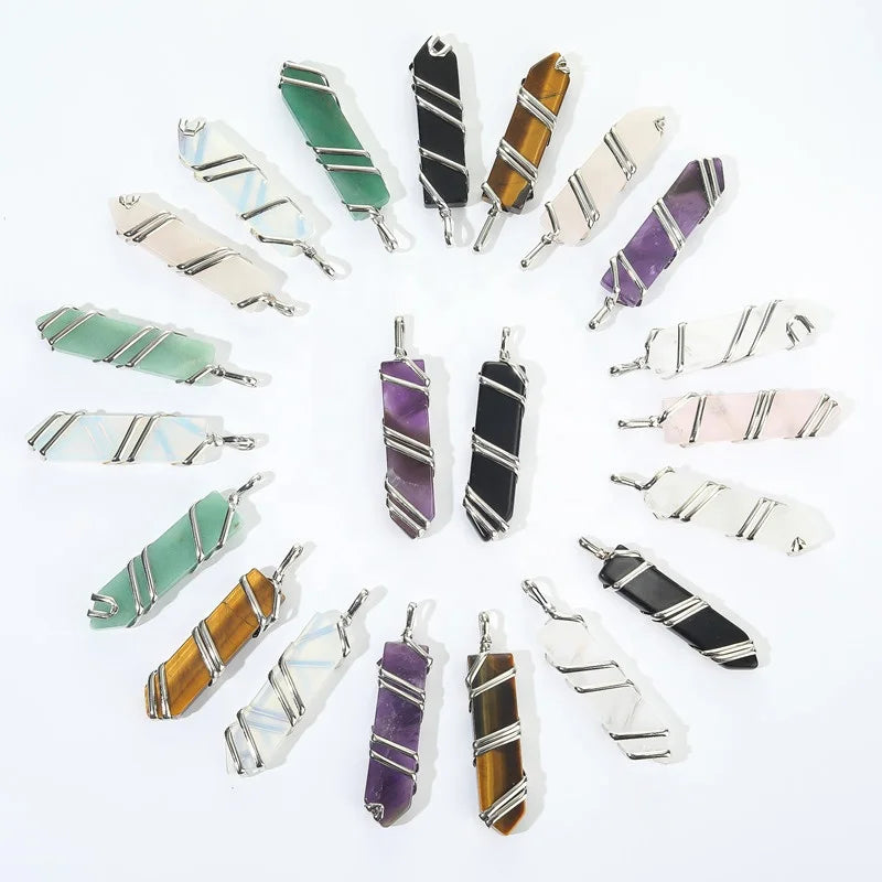 Natural Semi-Precious Gemstone Crystal Alloy Wire Wrapped Healing Hexagonal Point Pendant