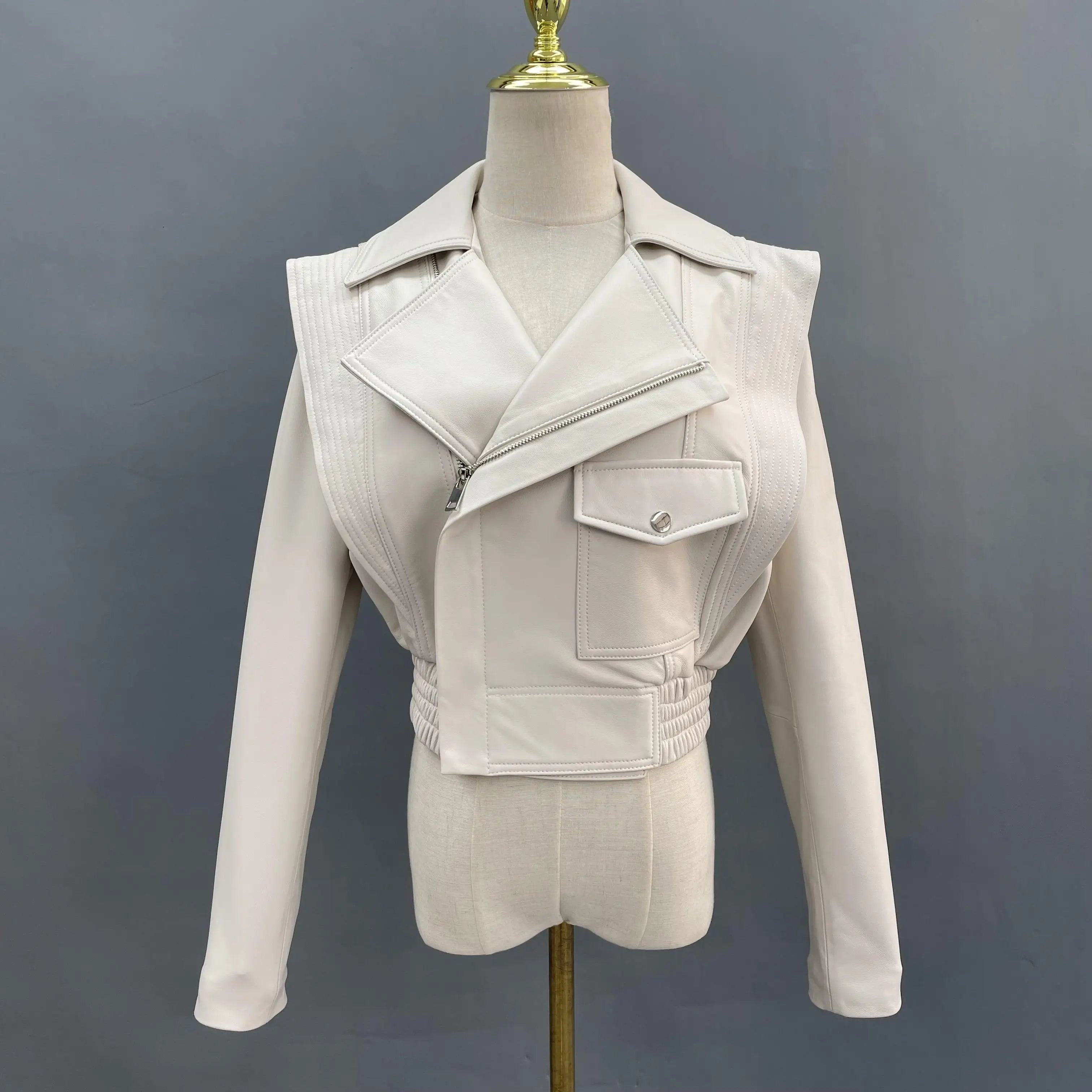 Fashion Elegant European Style Women Short Real Leather Jacket Spring Autumn Lady Outerwear