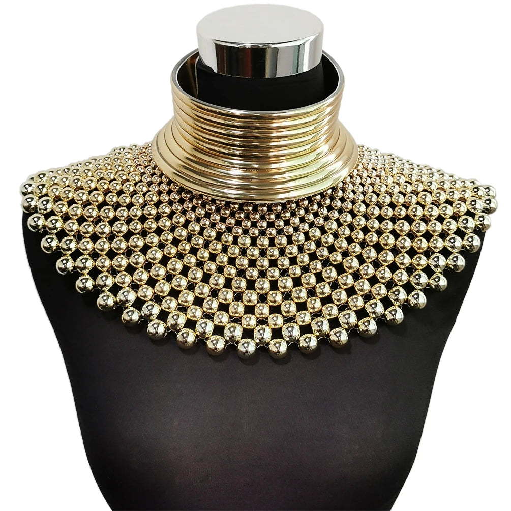 Africa Gold Tone Fashion Jewelry Sets Statement Pearl Beaded Bib Geometric Necklaces Vintage Punk Leather Choker Collar Set 2pcs